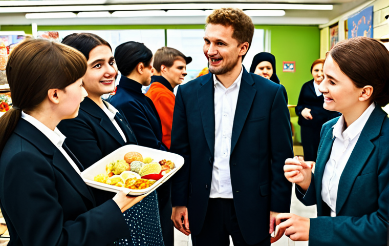 A diverse group of adult language students and their male teacher are fully clothed and engaged in an immersive role-play session. The classroom is creatively transformed into a vibrant, bustling Moscow market, complete with simulated stalls displaying modest, safe-for-work Russian traditional crafts and simple food items. Students, in appropriate, modest clothing, are actively interacting, some holding market items, while others are gesturing and conversing naturally as if buying or selling. The teacher, dressed in professional attire, observes and facilitates the activity. The scene captures the energy of deep immersion and natural language use. High-quality professional photography, natural lighting, sharp focus, realistic textures. safe for work, appropriate content, fully clothed, professional, perfect anatomy, correct proportions, natural pose, well-formed hands, proper finger count, natural body proportions.