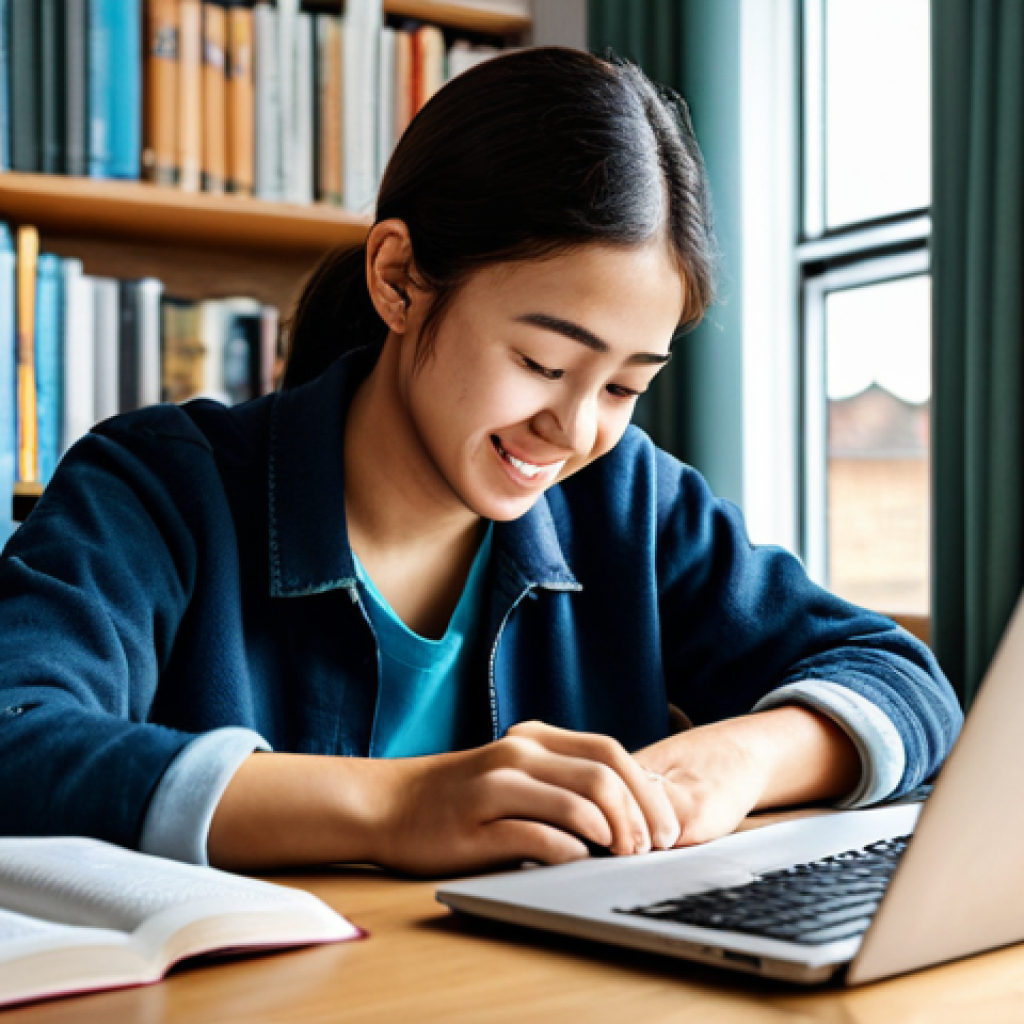 ** A student fully engrossed in learning English, surrounded by English books, a laptop displaying an online English course, and language learning apps on a smartphone. The setting is a cozy study room with natural light. The student is fully clothed and the image emphasizes the joy of learning. Appropriate content, professional, modest, perfect anatomy, natural proportions.

**