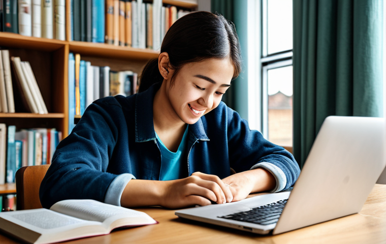 ** A student fully engrossed in learning English, surrounded by English books, a laptop displaying an online English course, and language learning apps on a smartphone. The setting is a cozy study room with natural light. The student is fully clothed and the image emphasizes the joy of learning. Appropriate content, professional, modest, perfect anatomy, natural proportions.
**