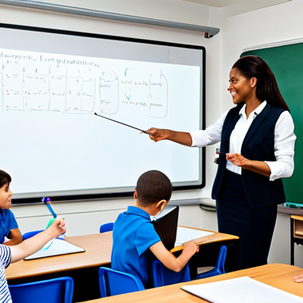 **

A well-organized classroom setting with diverse students engaged in learning. The teacher, fully clothed in professional attire, is facilitating an activity using digital resources like an interactive whiteboard. The atmosphere is positive and supportive. Safe for work, appropriate content, family-friendly, perfect anatomy, natural proportions.

**