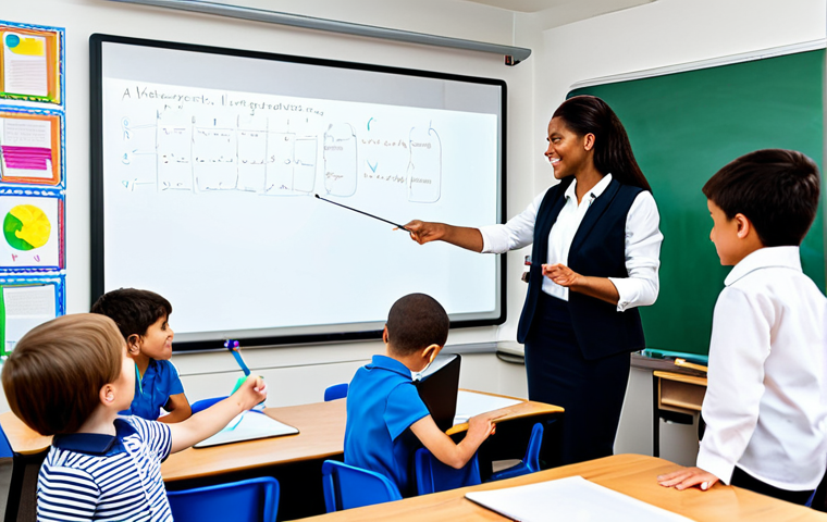 **
A well-organized classroom setting with diverse students engaged in learning. The teacher, fully clothed in professional attire, is facilitating an activity using digital resources like an interactive whiteboard. The atmosphere is positive and supportive. Safe for work, appropriate content, family-friendly, perfect anatomy, natural proportions.
**