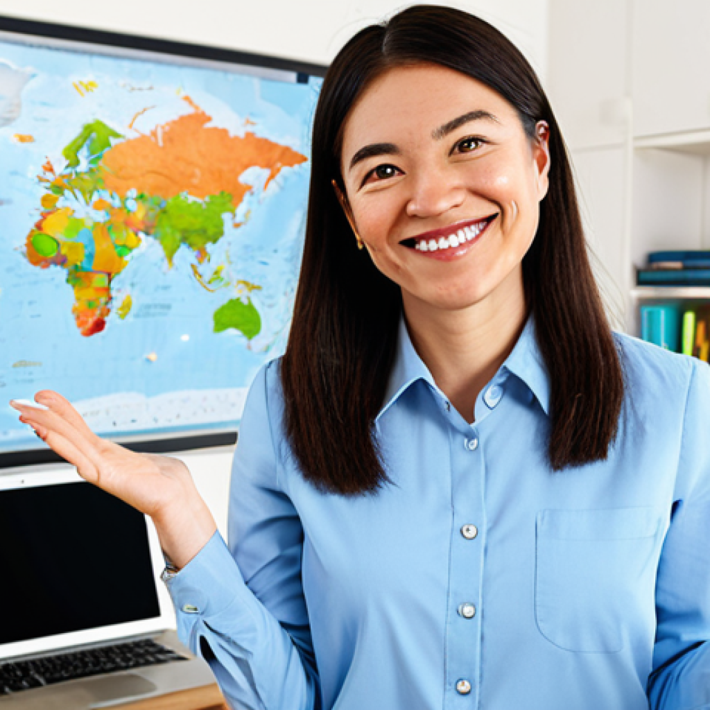 Online English Teacher**

"A TESOL-certified teacher, fully clothed in professional attire (business casual), is giving an engaging online English lesson. She's smiling warmly at the camera. The background is a bright, modern home office with bookshelves and a world map. Safe for work, appropriate content, professional, perfect anatomy, correct proportions, well-formed hands, proper finger count, natural body proportions, high-resolution, professional photography."

**