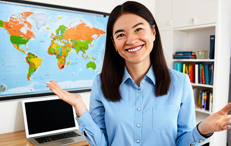 Online English Teacher**
"A TESOL-certified teacher, fully clothed in professional attire (business casual), is giving an engaging online English lesson. She's smiling warmly at the camera. The background is a bright, modern home office with bookshelves and a world map. Safe for work, appropriate content, professional, perfect anatomy, correct proportions, well-formed hands, proper finger count, natural body proportions, high-resolution, professional photography."
**