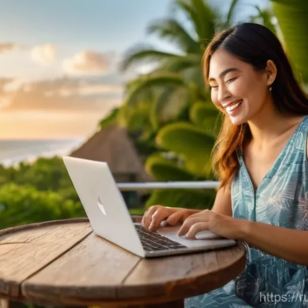 TESOL 취득 후 해외 생활 - **Prompt 1: Remote Teaching Freedom**
    A happy young woman, in her late 20s or early 30s, with a ...