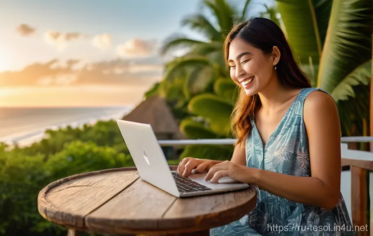 TESOL 취득 후 해외 생활 - **Prompt 1: Remote Teaching Freedom**
    A happy young woman, in her late 20s or early 30s, with a ...