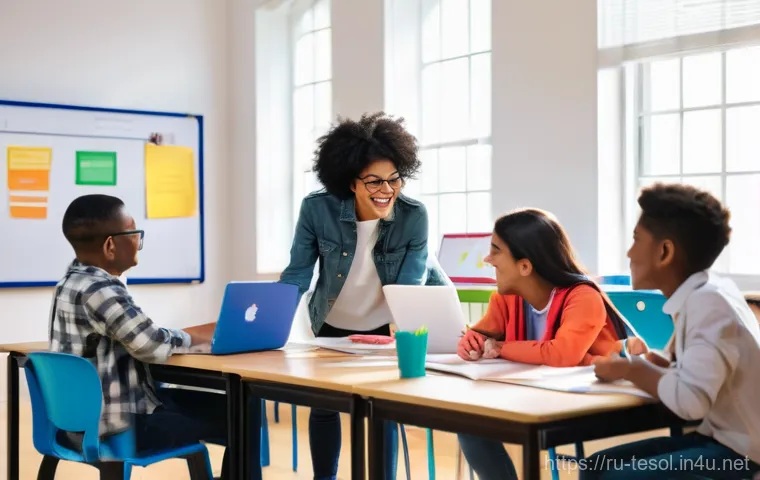 TESOL 강사가 지켜야 할 수업 규칙 - **A vibrant, modern classroom scene filled with diverse teenagers and young adults, all fully clothe...