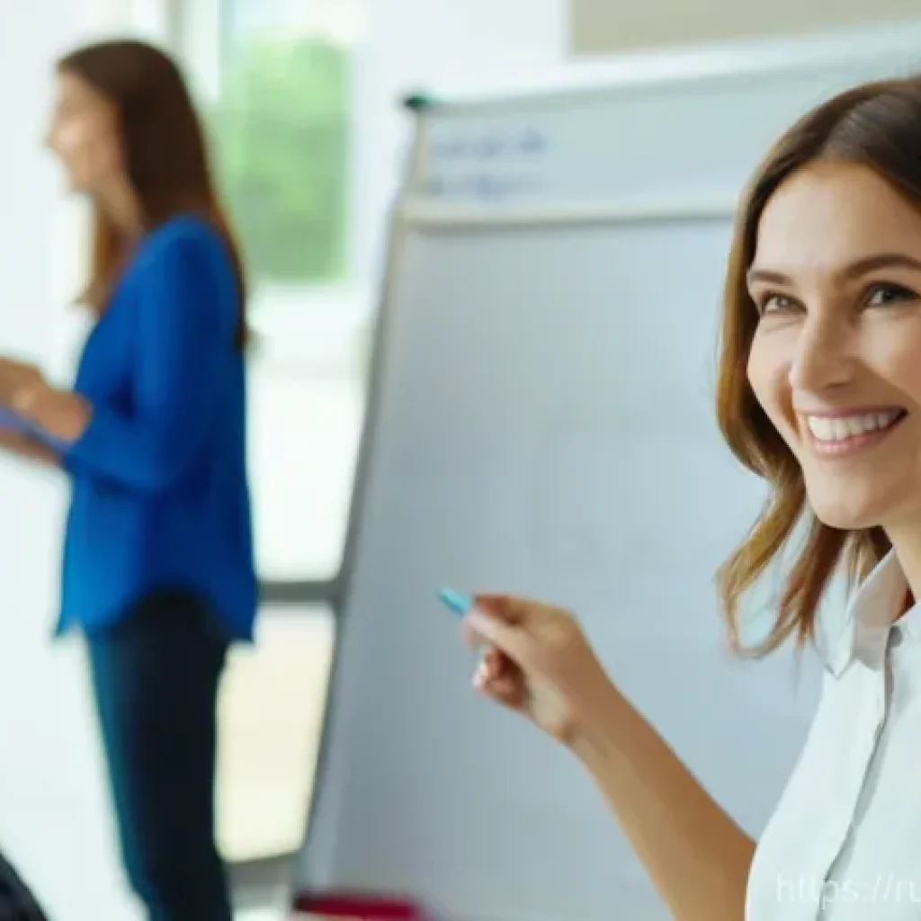 TESOL 자격증과 기타 영어 자격증 비교 - A cheerful female English teacher, approximately 30 years old, with shoulder-length brown hair, wear...