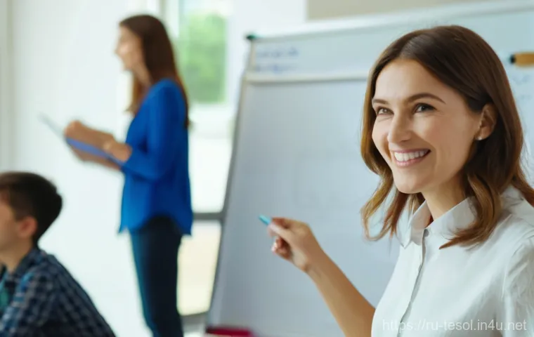 TESOL 자격증과 기타 영어 자격증 비교 - A cheerful female English teacher, approximately 30 years old, with shoulder-length brown hair, wear...