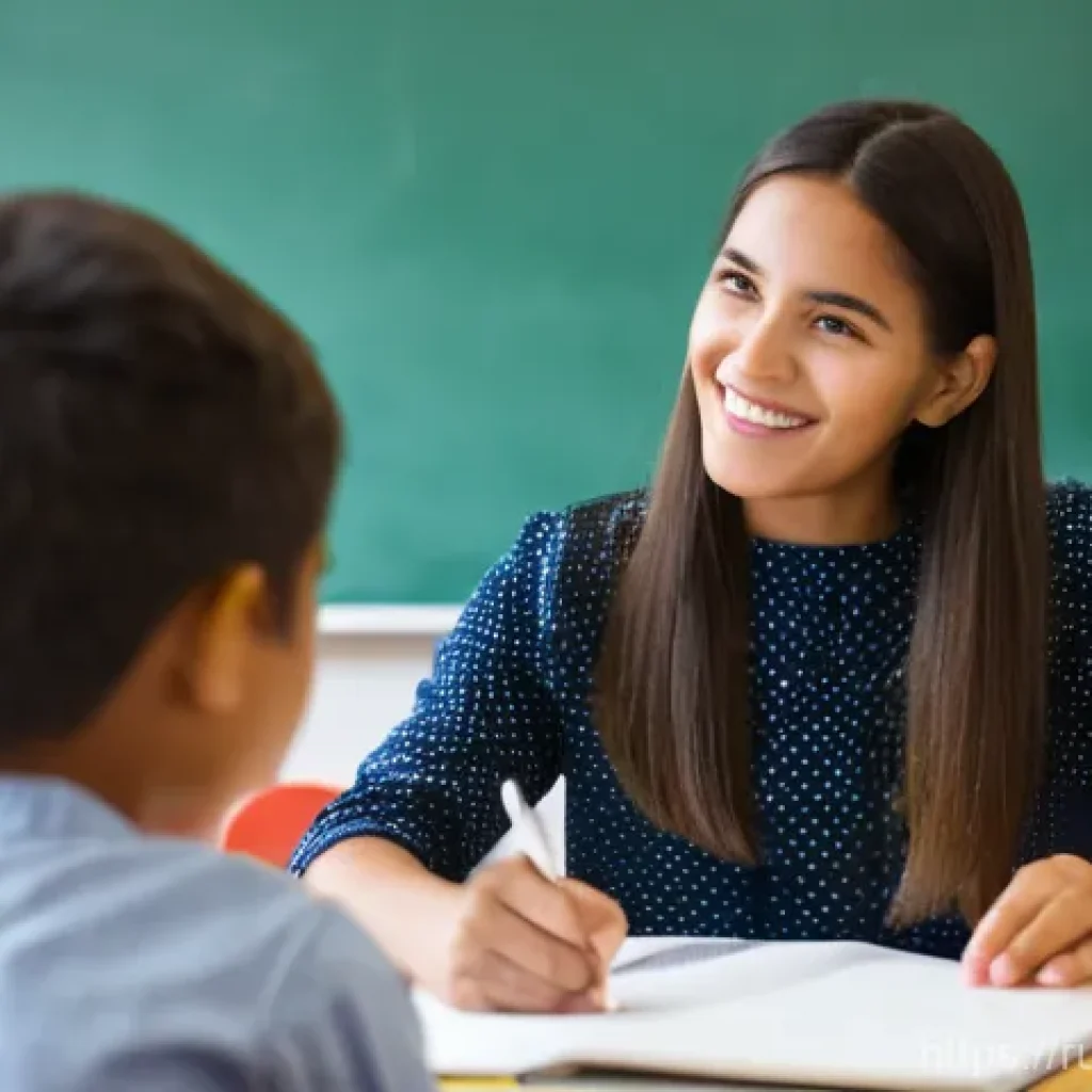 TESOL 강사로서 필요한 리더십 기술 - **Prompt: Empathetic Teacher Guiding a Student in a Modern Classroom**
A warm, inviting classroo...