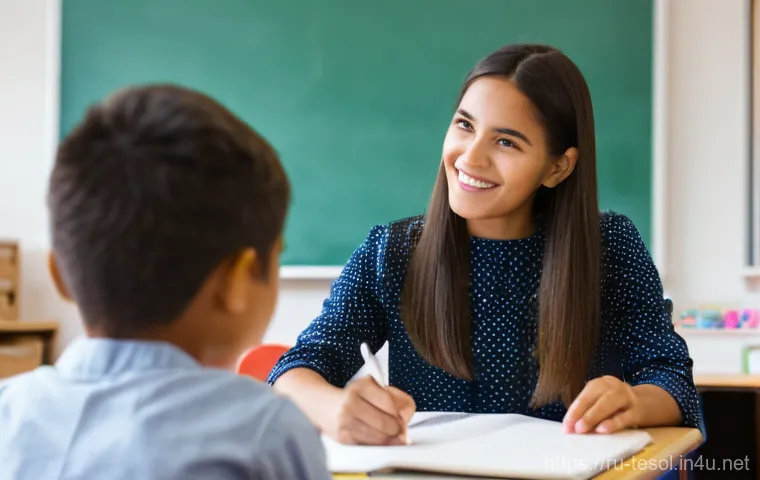 TESOL 강사로서 필요한 리더십 기술 - **Prompt: Empathetic Teacher Guiding a Student in a Modern Classroom**
    A warm, inviting classroo...