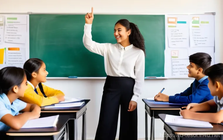 TESOL 시험 채점 기준 - **A dynamic TESOL teacher leading an engaging lesson with diverse students.**
A bright, modern c...