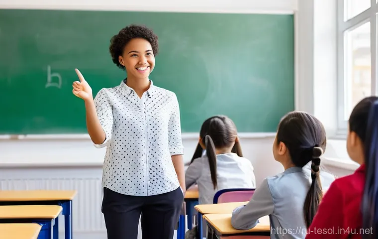 TESOL 강사로서의 언어 민감성 - **Prompt 1: Empathetic Teacher in a Culturally Diverse English Classroom**
A bright, modern, and...