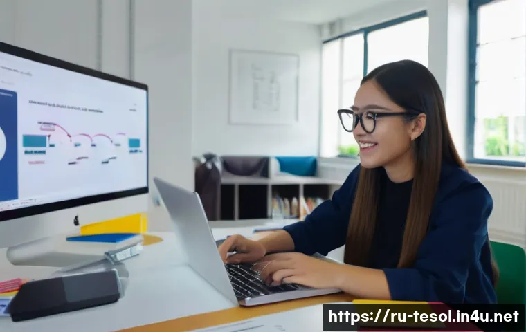 TESOL 자격증과 관련된 최신 동향 - A professional TESOL instructor conducting an engaging online English class using a laptop and digit...