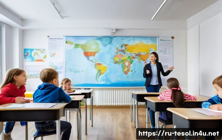 TESOL 자격증을 활용한 창업 사례 - A modern language school classroom in Moscow, Russia, showing a diverse group of children aged 8-12 ...