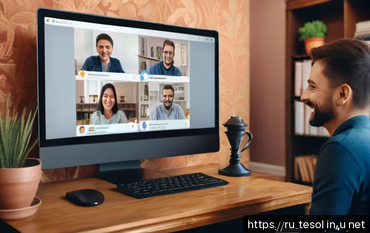 TESOL 수업에서 피드백 주는 방법 - A warm and inviting virtual classroom scene showing a diverse group of adult students attentively pa...