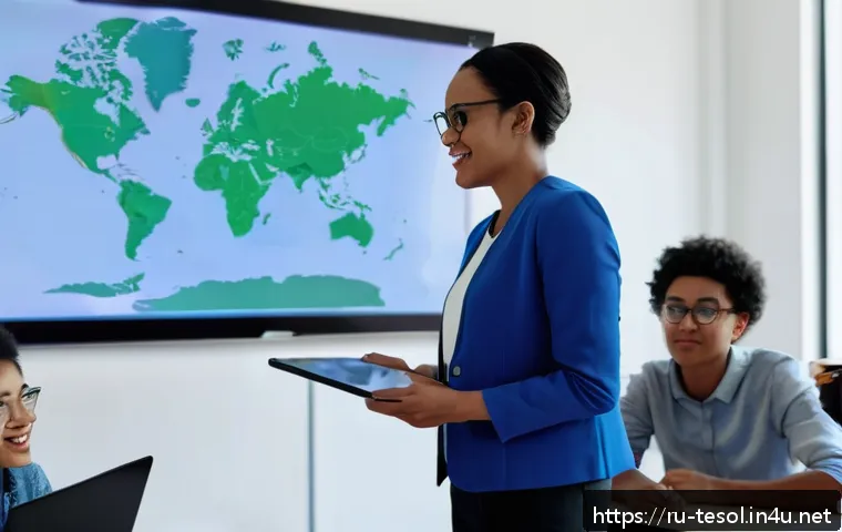 TESOL 자격증과 관련된 트렌드 - A modern classroom scene showcasing a diverse group of adult students engaged in an interactive Engl...