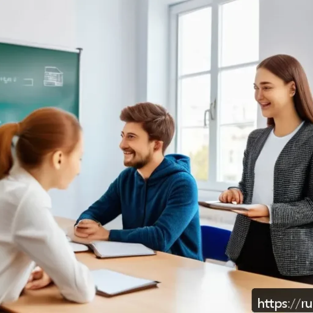 TESOL 교육에서의 학생 중심 접근법 - A modern, bright classroom scene in Russia with a diverse group of adult students engaged in an inte...