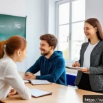 Home 22 TESOL 교육에서의 학생 중심 접근법 - A modern, bright classroom scene in Russia with a diverse group of adult students engaged in an inte...