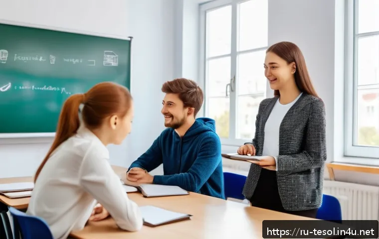 TESOL 교육에서의 학생 중심 접근법 - A modern, bright classroom scene in Russia with a diverse group of adult students engaged in an inte...