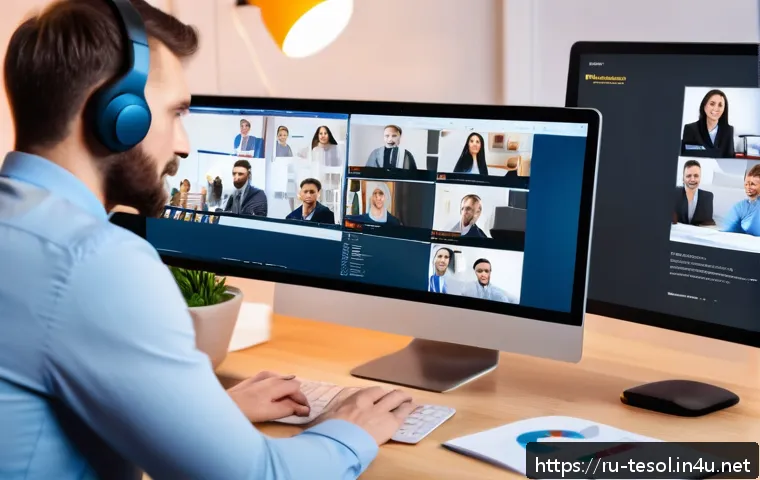 TESOL 자격증으로 시작하는 비즈니스 아이디어 - A professional online English teacher conducting a live interactive webinar with diverse adult stude...