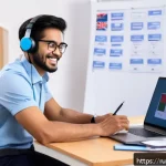 Home 20 TESOL 자격증으로 가능한 다양한 기회 - A professional TESOL teacher conducting an engaging online English lesson from a modern home office,...