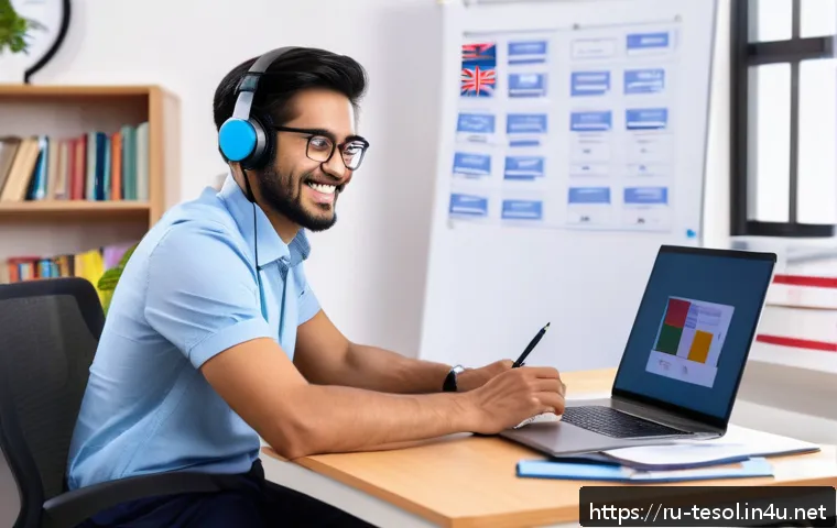 TESOL 자격증으로 가능한 다양한 기회 - A professional TESOL teacher conducting an engaging online English lesson from a modern home office,...