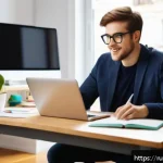 Home 19 TESOL 자격증으로 가능한 프리랜스 업무 - A professional online English tutor conducting a virtual lesson from a cozy home office, with a well...