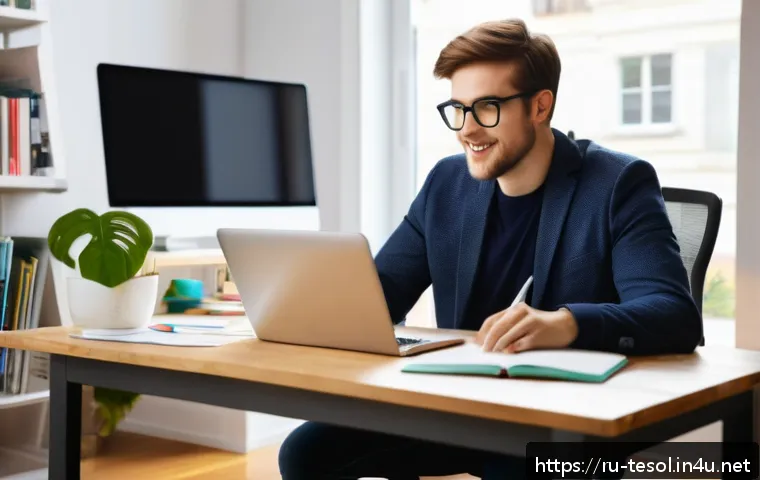 TESOL 자격증으로 가능한 프리랜스 업무 - A professional online English tutor conducting a virtual lesson from a cozy home office, with a well...