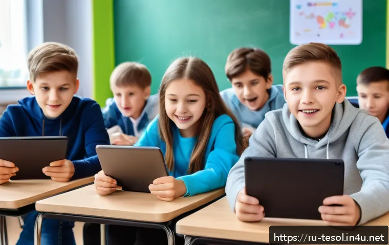 TESOL 교육의 최신 트렌드 - A modern classroom scene in Russia featuring a diverse group of children and teenagers engaged with ...
