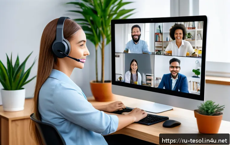 TESOL 자격증으로 가능한 파트타임 일자리 - A professional online English teacher conducting a virtual lesson with diverse adult students from d...
