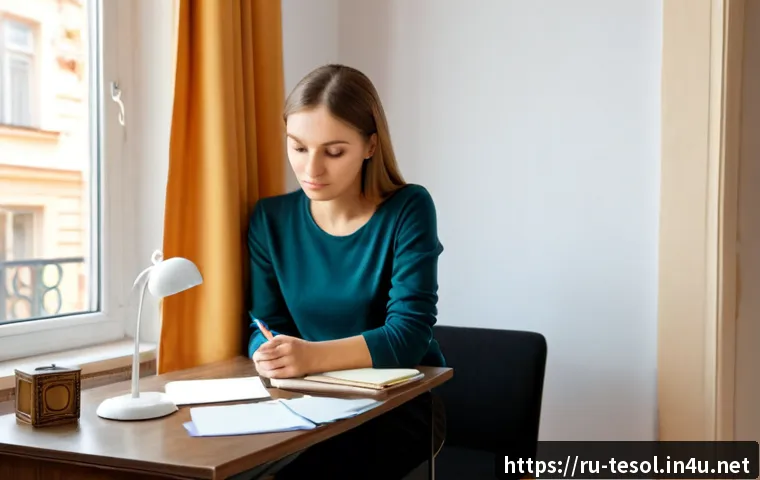 Home 17 TESOL 시험에서 자주 나오는 질문 - Photorealistic scene of a Russian adult English teacher preparing for a TESOL certification exam at ...