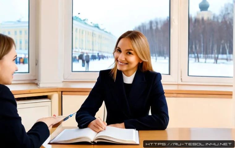 Home 17 TESOL 강사로서의 경력 전환 성공 사례 - Photorealistic career-transition success scene in Moscow, confident middle-aged Russian woman former...