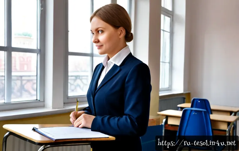 Home 17 TESOL 학위 소지자의 연봉 - Photorealistic Russian TESOL instructor in a bright Moscow language school classroom, professionally...